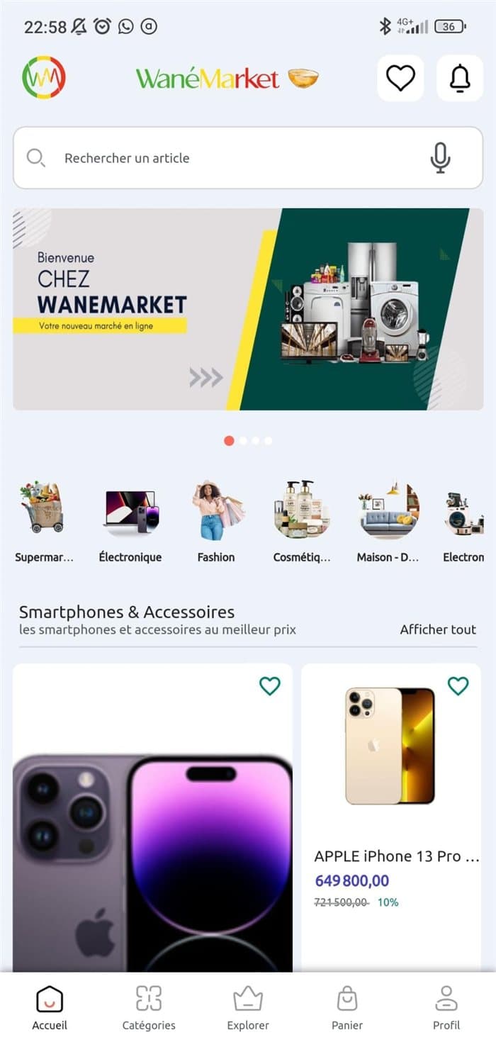Page d'accueil de l'application WanéMarket